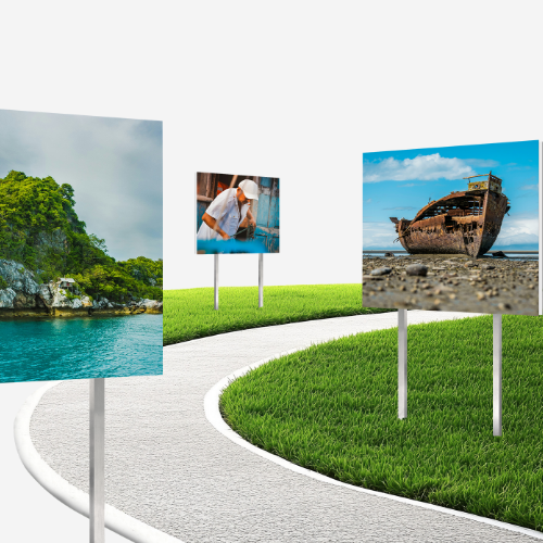 Photos d'exposition affichées sur des pieds dans un jardin