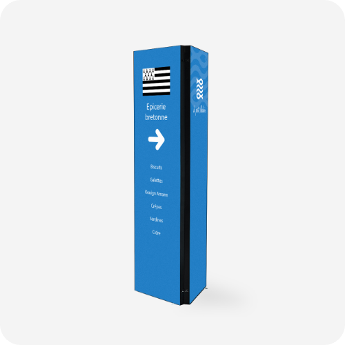 Totem tissu multifaces bleu indiquant l'emplacement d'une épicerie