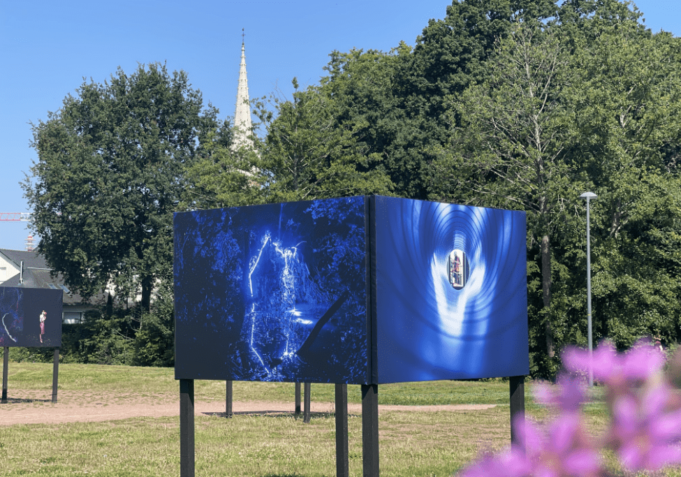 Photos d'exposition imprimées sur des structures au milieu d'un parc