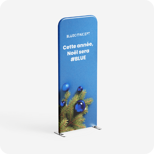 Totem tissu autoportant avec bords arrondis et visuel en tissu bleu