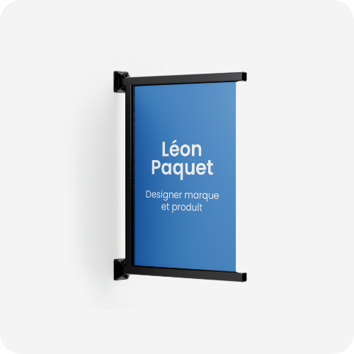 Signalétique de bureau qui affiche un visuel bleu et le nom d'une personne