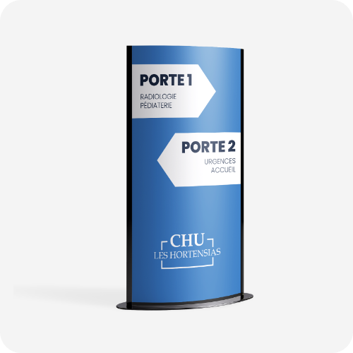 Totem publicitaire extérieur indiquant deux portes grâce à une impression bleue