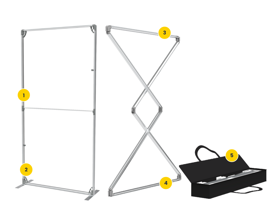 Cadre pliable autoportant déplié avec son sac de transport