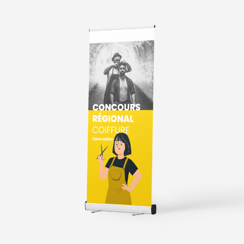 roll-up déplié avec un visuel jaune