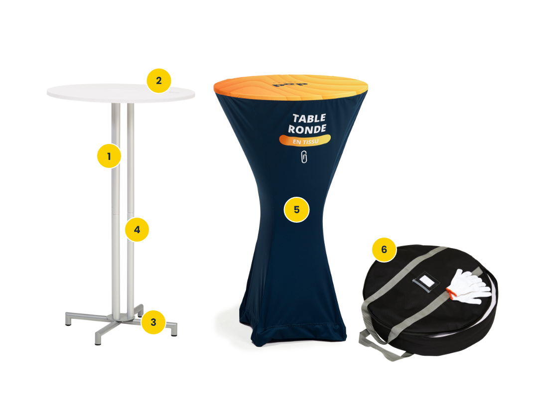 Table ronde avec et sans visuel en tissu et son sac de transport